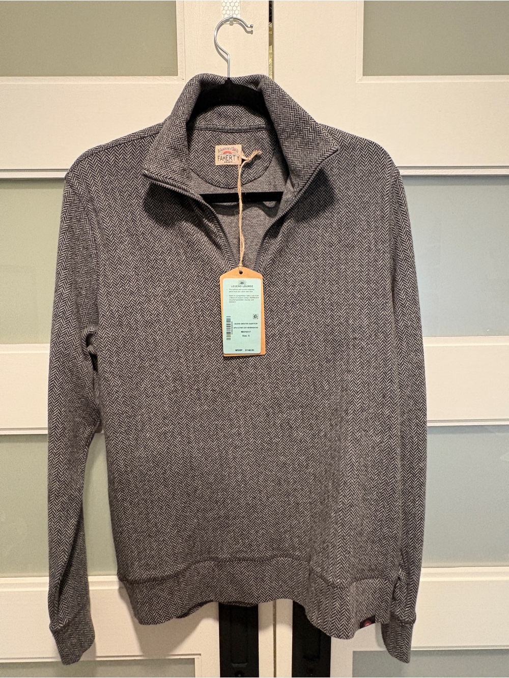Faherty Legend Lounge Gray Herringbone Zip Mock-Neck Sweater - NWT